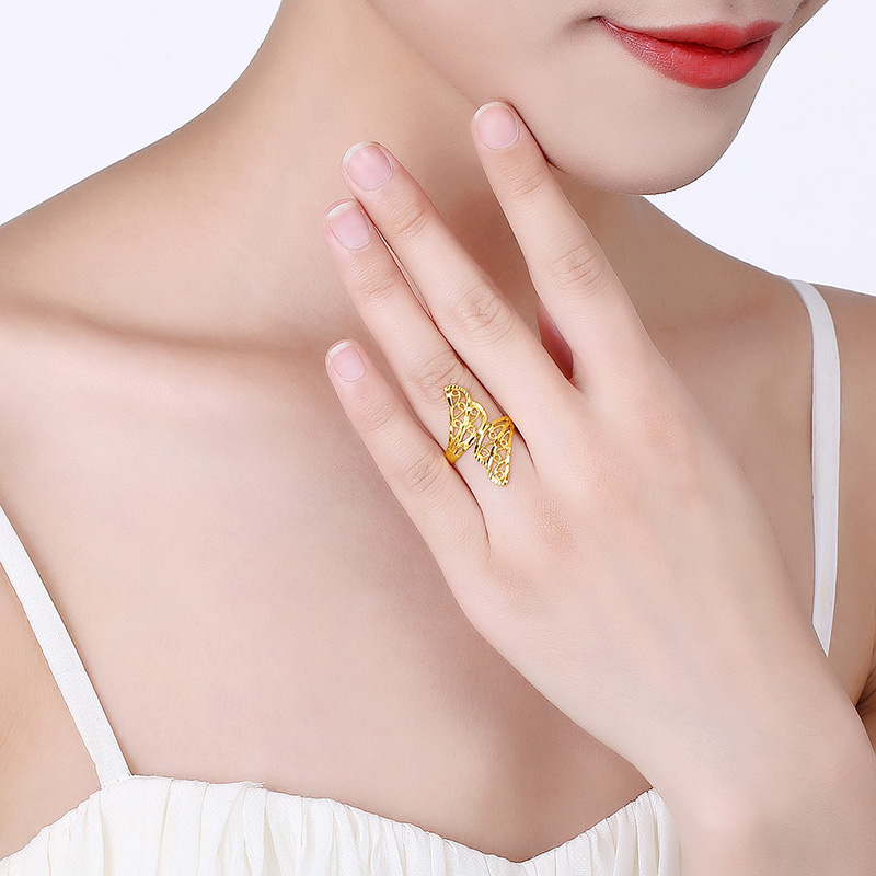 梦金园黄金戒指足金999花纹凤尾花戒指环可调节婚嫁女款