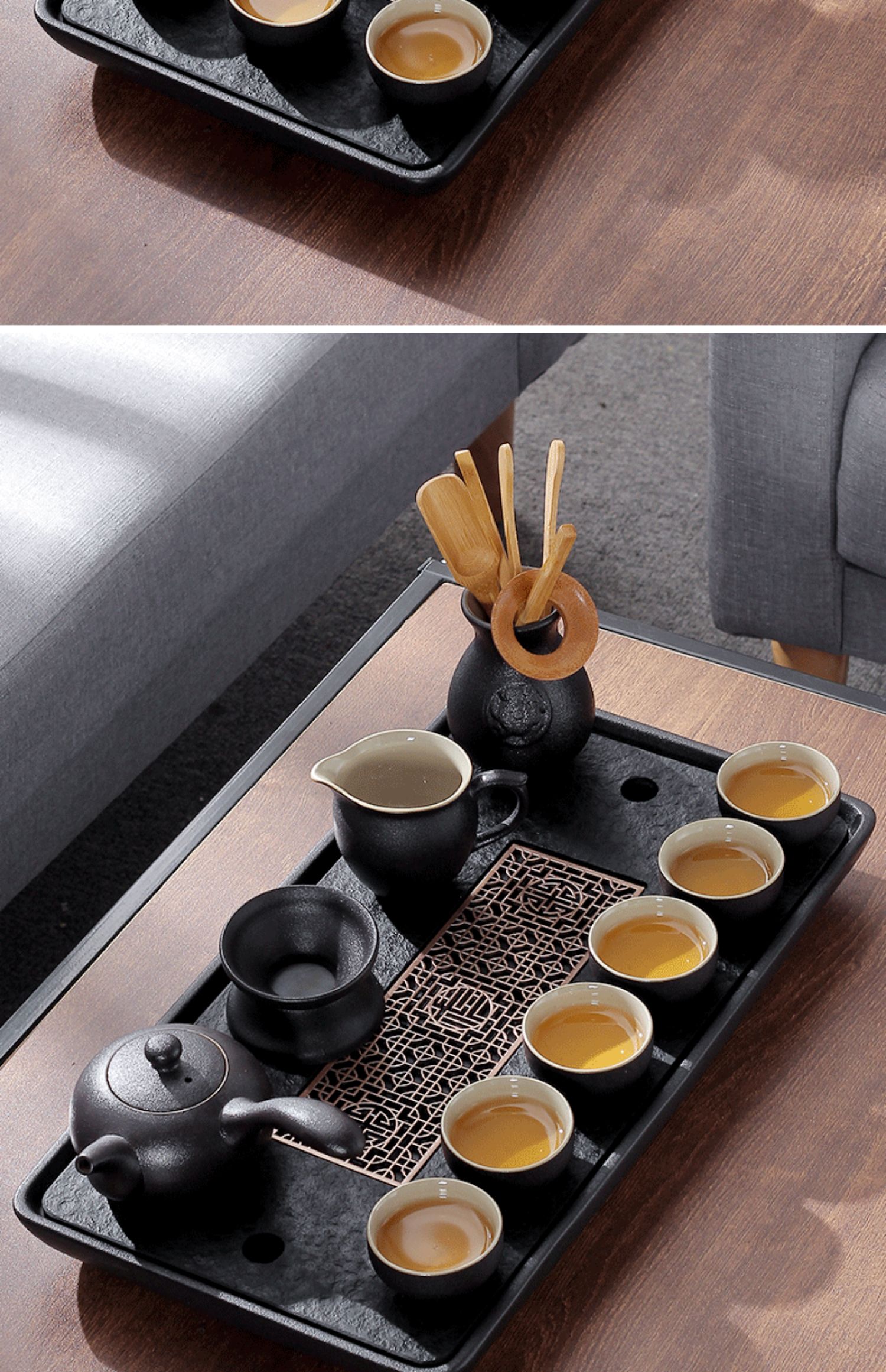 yicheng陶瓷储水茶盘排水乌金石小型茶台中式简约家用长方形办公托盘