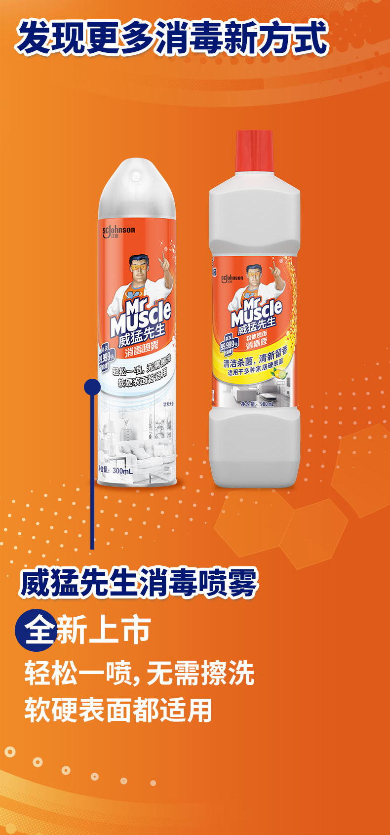 威猛先生除菌消毒液柑橘香980ml 多用途室内清洁杀菌家用 多表面车内