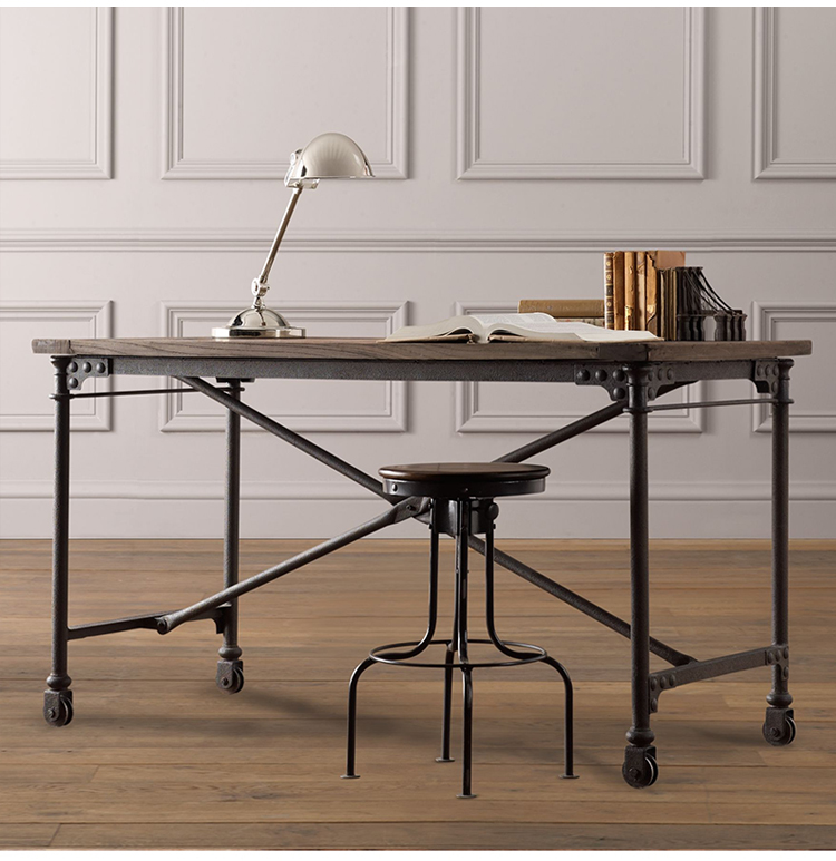 魔友moyou铁艺电脑桌台式办公家用可移动工作台带轮子书桌复古写字桌