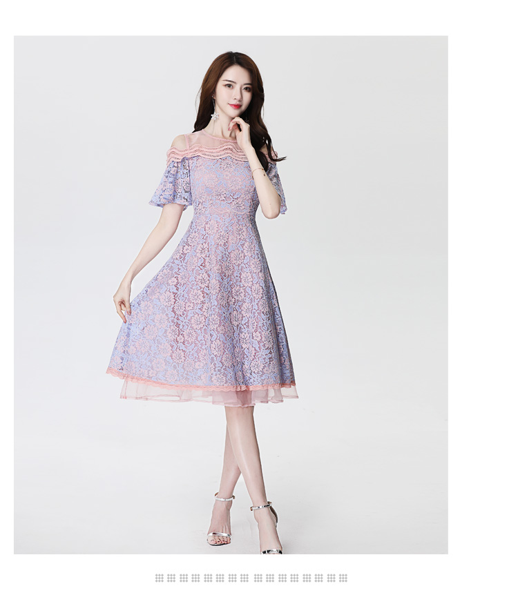 丝柏舍2019年夏季女装纯色网纱圆领露肩袖中长裙子s82r0451l