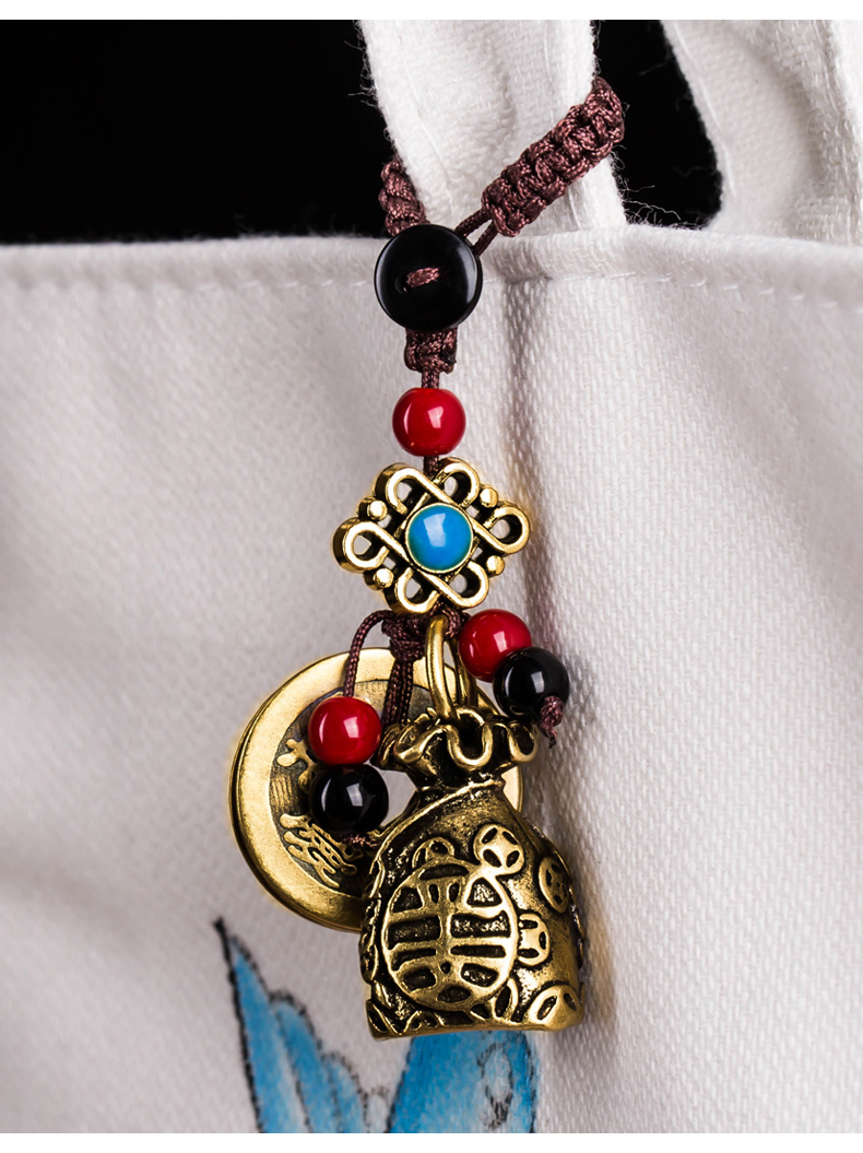 方形钱袋子黄铜小钱袋汽车钥匙扣挂件复古手工编织五帝钱挂绳吊坠包包