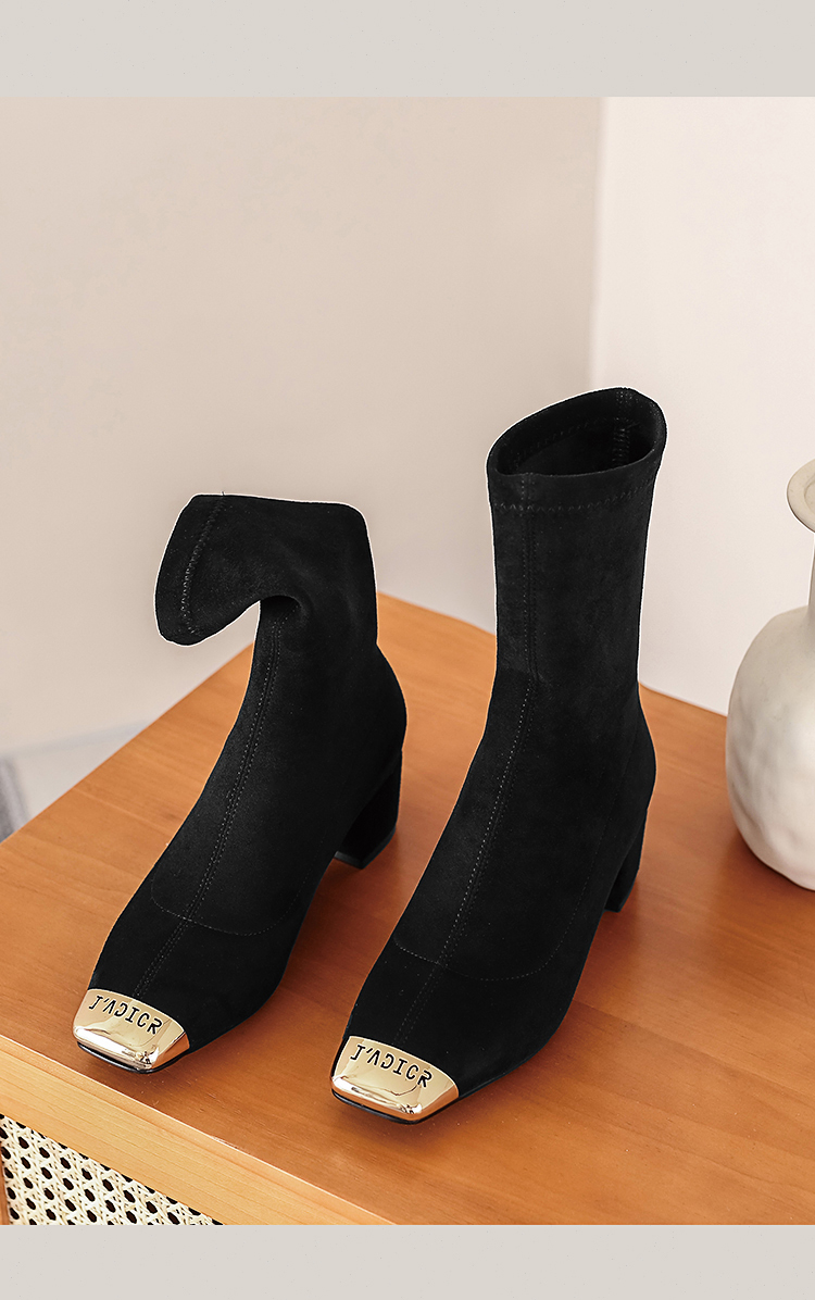 tianuy女士马丁靴女新款秋季英伦风百搭粗跟短靴子方头弹力中跟袜靴a