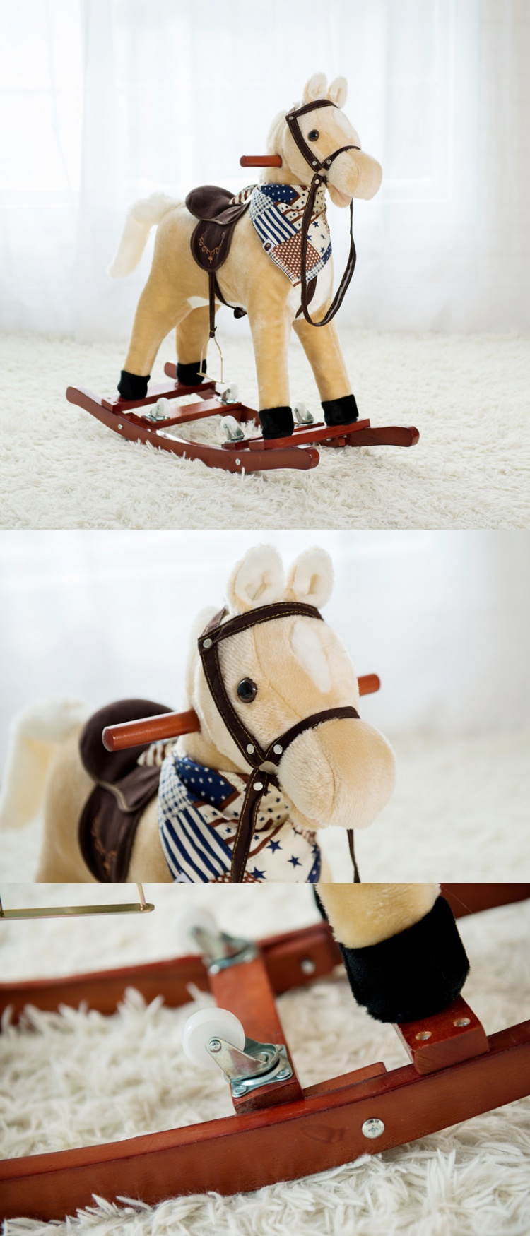 奇怪君 毛绒小木马实木带音乐摇马宝宝玩具车摇摇马送孩子