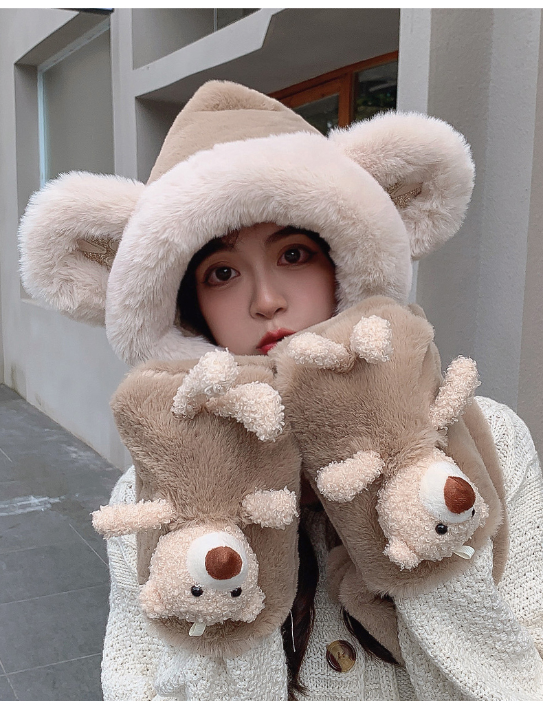 小熊帽子围巾一体女冬天韩版百搭时尚户外保暖防寒防风护耳毛绒帽fish