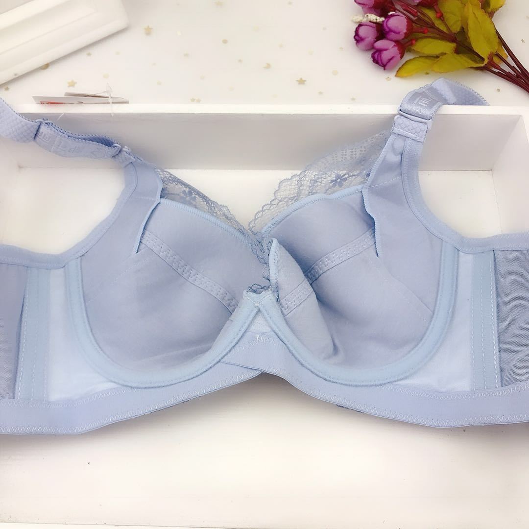 丽人内衣女有钢圈大码聚拢调整型收副乳上托胸罩薄款文胸湖蓝色36c