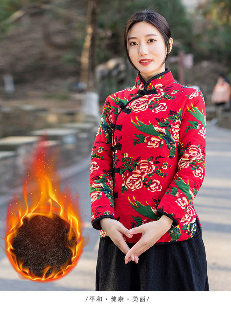 女士棉衣 雪暖秋冬加绒加厚保暖小棉袄中老年人女装洋气上衣民族风