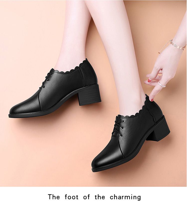 尗卡女士圆头单鞋609676724688 尗卡深口圆头粗跟中跟皮鞋女鞋真皮