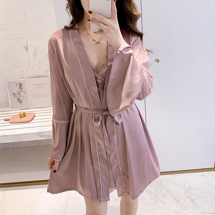 露背睡衣女感冰丝薄款女士夏天丝绸性感吊带胸垫睡裙两件套装