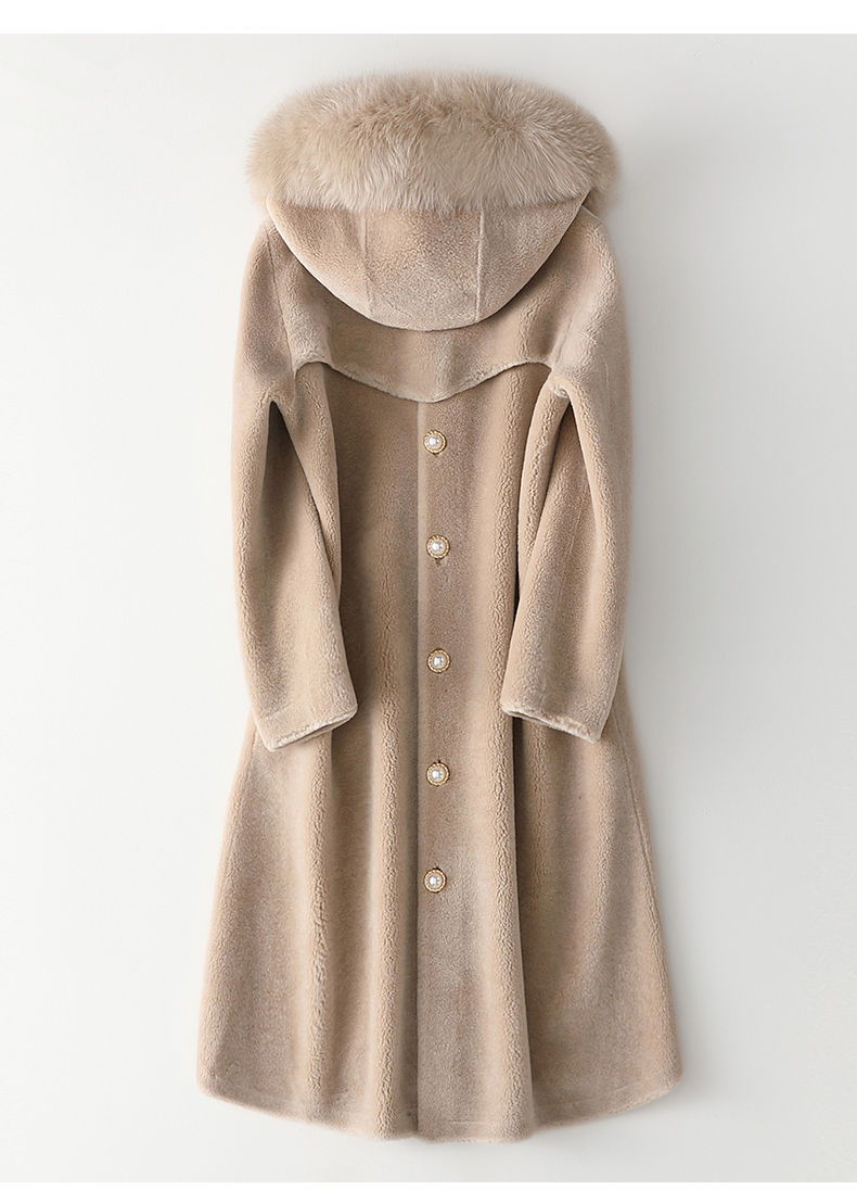 憨厚皇后春季新款羊毛皮大衣女士长款复合皮毛一体连帽外套