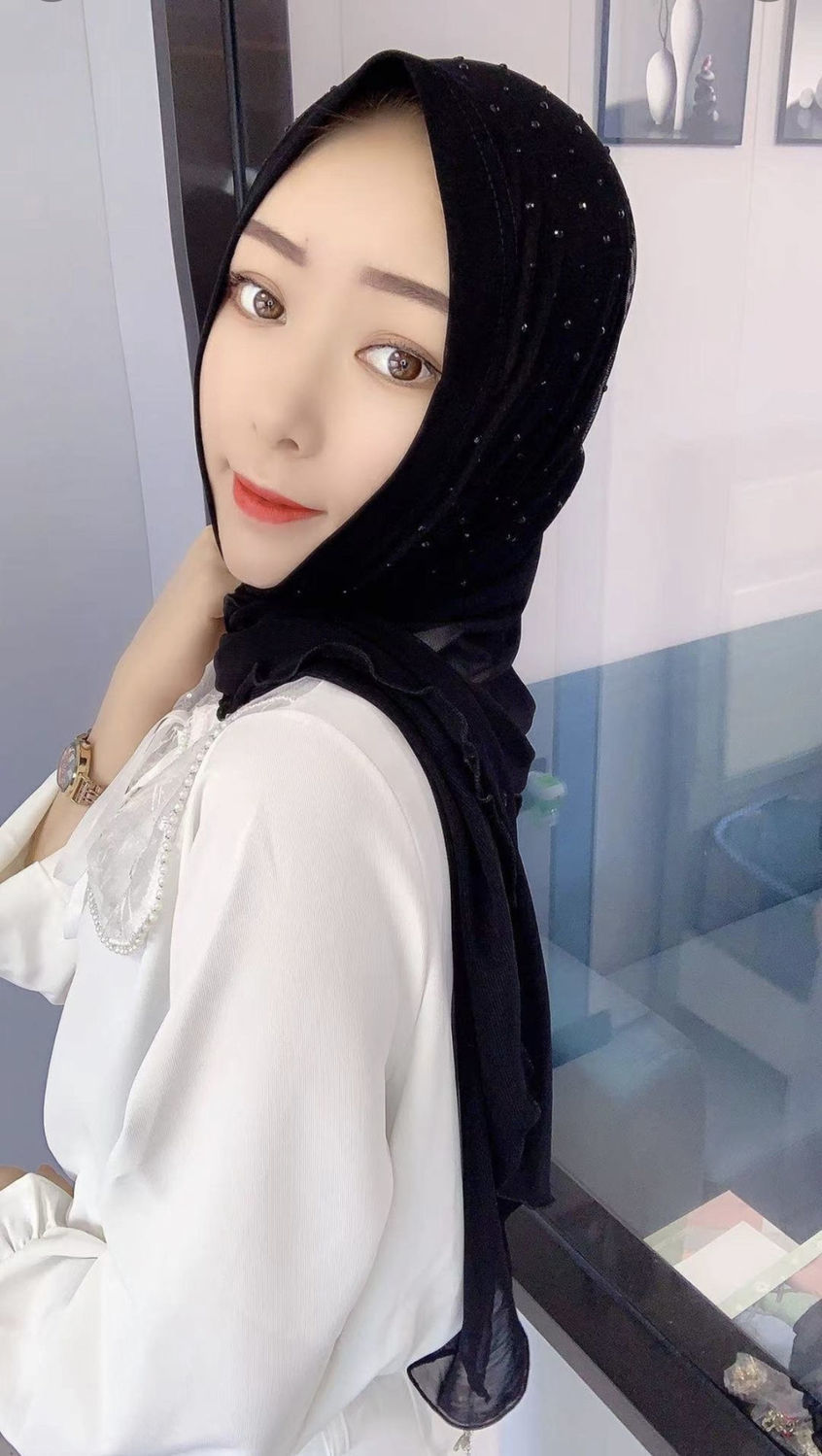 穆斯林头巾新款马来网纱头套方便套头纱巾女夏季休闲回族帽子薄白色