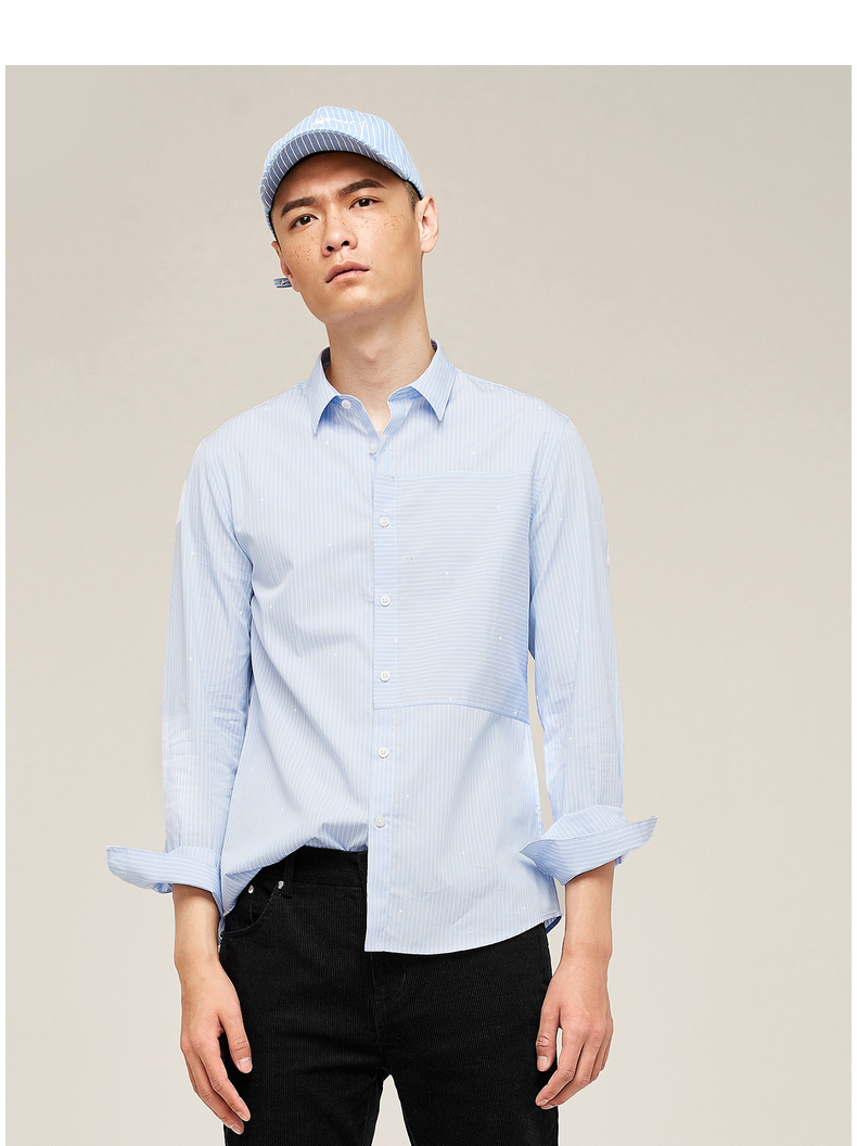 无货不上gxg男装秋季商场同款简约修身蓝底白条长袖衬衫173103603