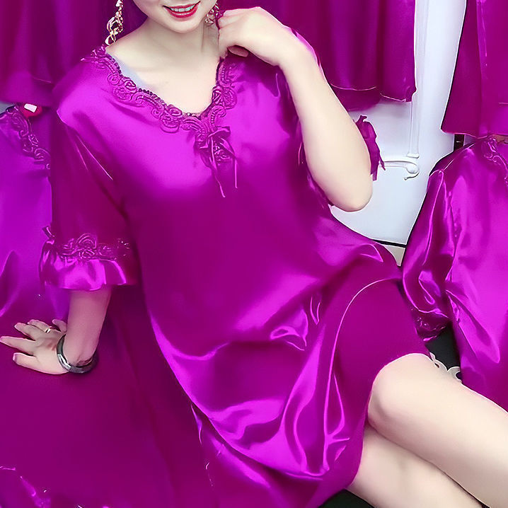 2021新款短袖甜美性感温柔女人味春夏丝绸家居服睡裙女睡衣女士服紫色