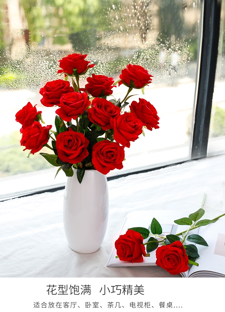 仿真玫瑰花客厅装饰七夕花束插花摆设绢花单支塑料假花干花摆件花