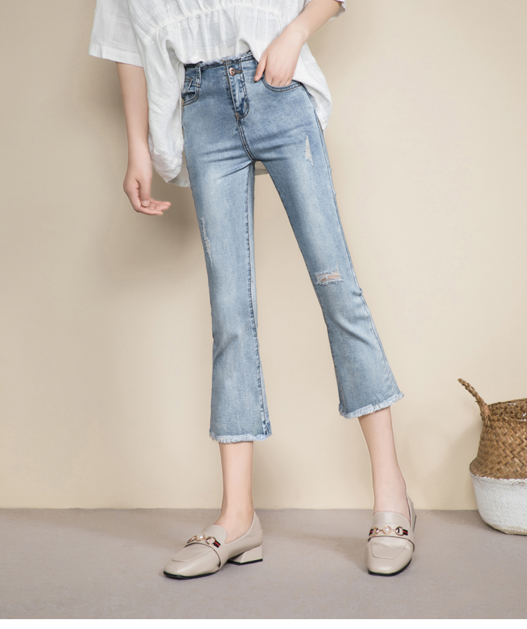 丝柏舍2020夏季女韩版修身毛边微喇七分破洞牛仔裤s91t0159k