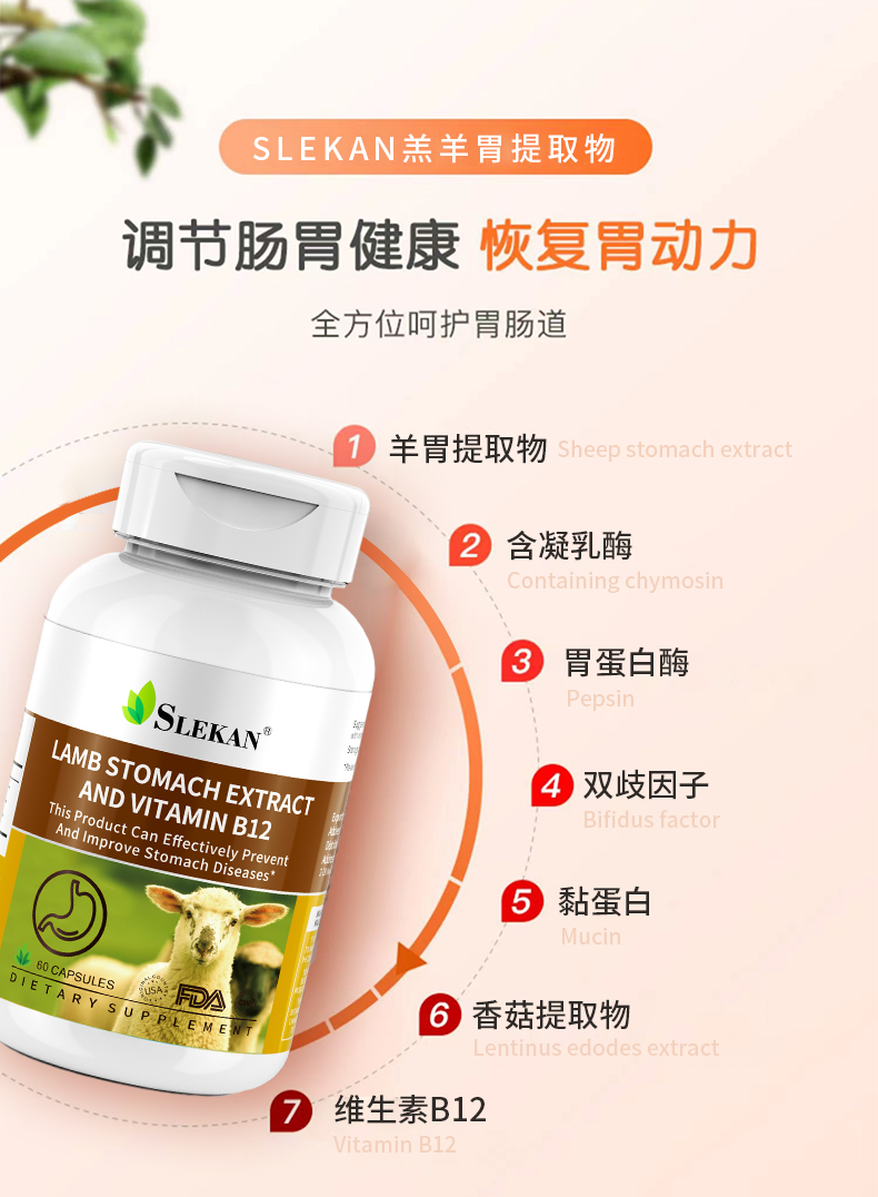 slekan美国进口羔羊胃提取物维b12猴头菇养胃调节胃菌群60粒九瓶买7送