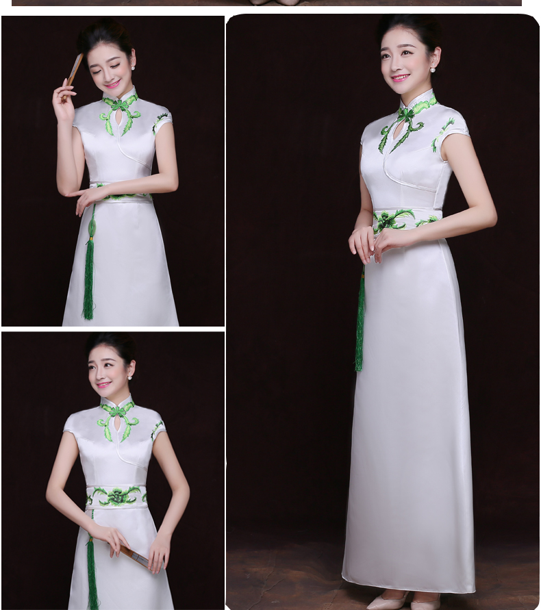 新款绣花礼仪旗袍长款青花瓷旗袍年会礼服礼仪迎宾裙演出服装