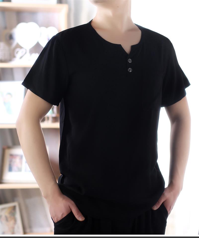 2019夏季新款纯色短袖宽松大码中老年棉绸睡衣人造棉男士绵绸上衣