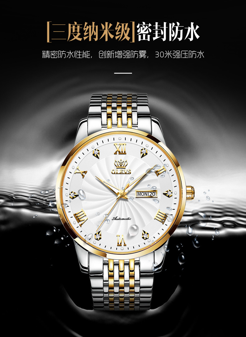 欧利时(olevs)瑞士品牌手表男士自动机械表男夜光镶钻商务男士手表