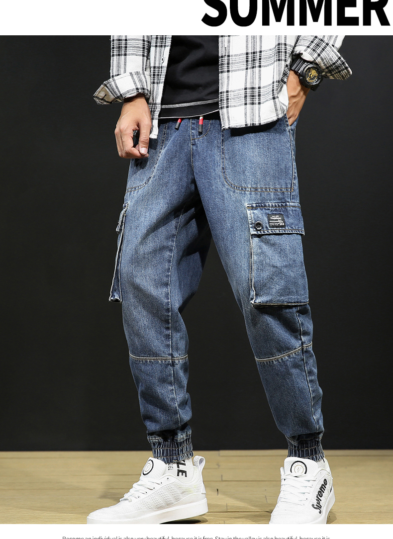 yuansu秋季潮牌多口袋工装牛仔裤男束脚裤宽松大码小脚长裤哈伦裤百搭