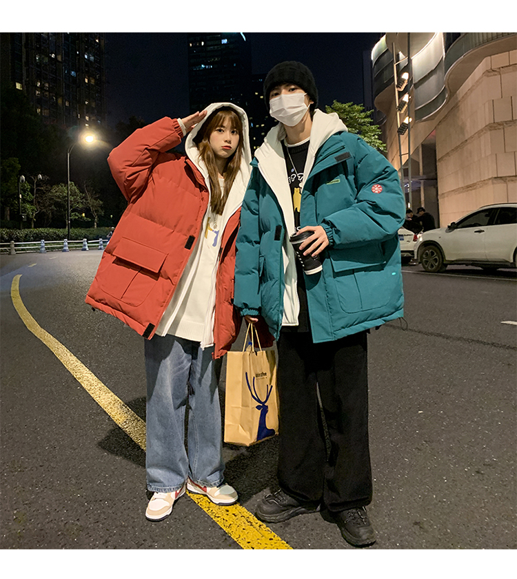 baluoshang假两件棉衣男冬季加厚保暖连帽情侣款棉服韩版潮流宽松港风