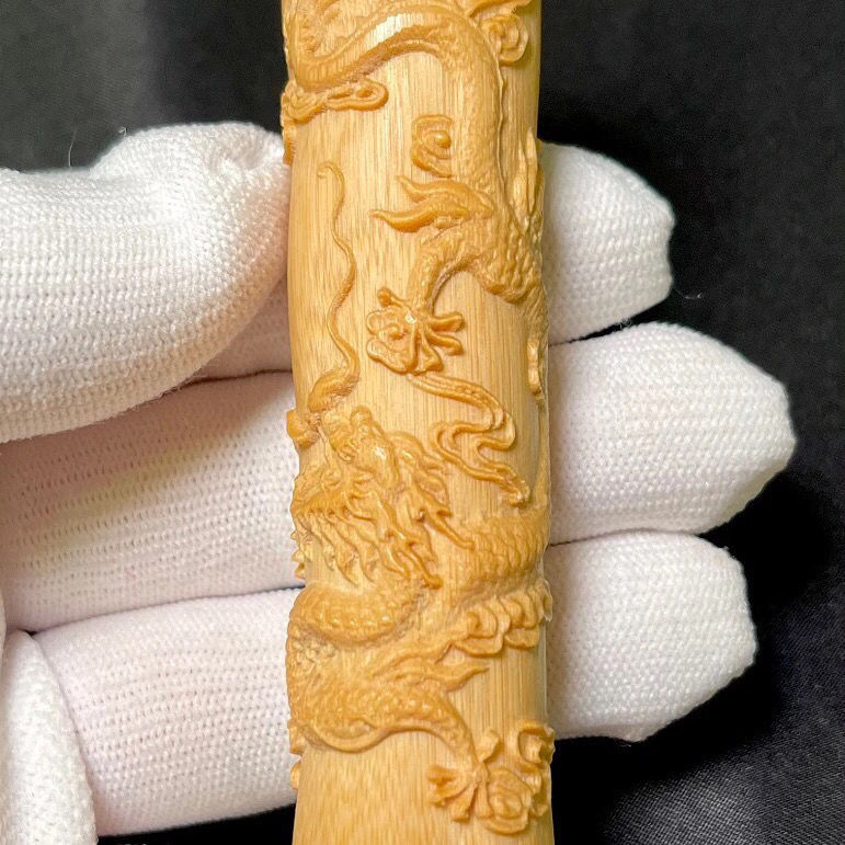 云南实心老料玉竹雕刻心经金箍棒龙柱浮雕手把件文玩竹子手持摆件竹环