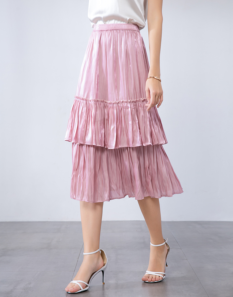 晩白新品时尚简约百搭松紧高腰纯色中长款蛋糕裙半身裙女