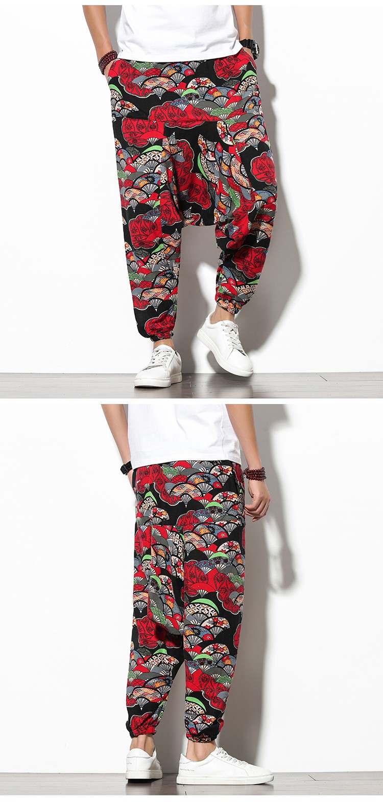 富贵鸟裤子男花纹潮款印花勾勾裤哈伦裤亚麻蚊裤男阔腿裤2021中国风大