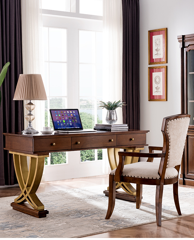 美式现代轻奢书桌欧式实木仿古写字台书法桌书房办公电脑桌书桌椅