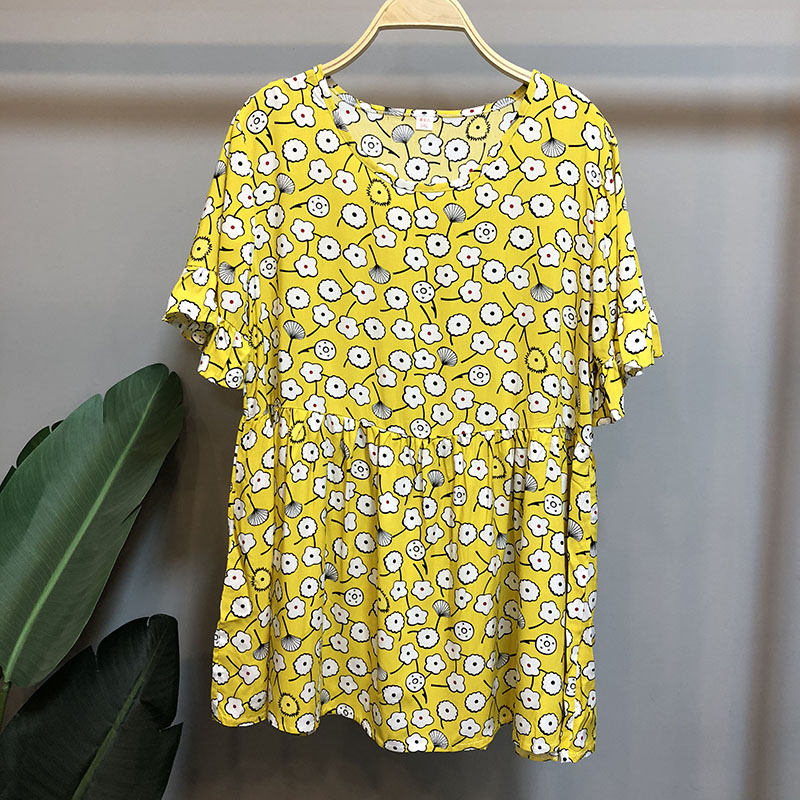 帝舒莱绵绸衫上衣女夏2019夏季新款大码人造棉女装宽松显瘦加肥加t恤