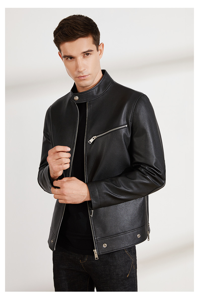 雪豹2019秋季新款牛皮真皮男皮衣休闲商务夹克立领单皮外套