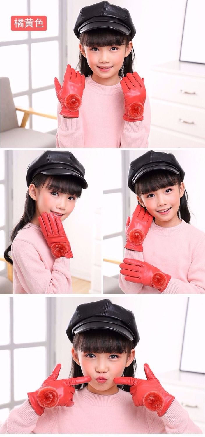 儿童真皮手套冬季女童宝宝加绒加厚保暖女孩公主五指学生玩雪防水玫红