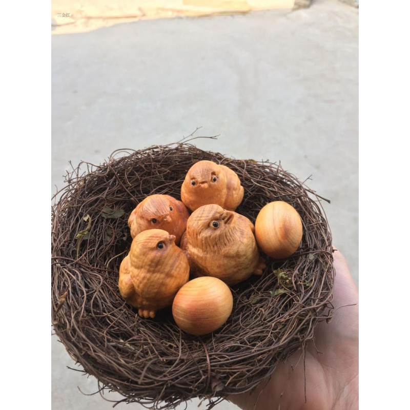 崖柏小鸡鸡蛋摆件手工刻木质工艺品创意儿童手把件带鸡窝
