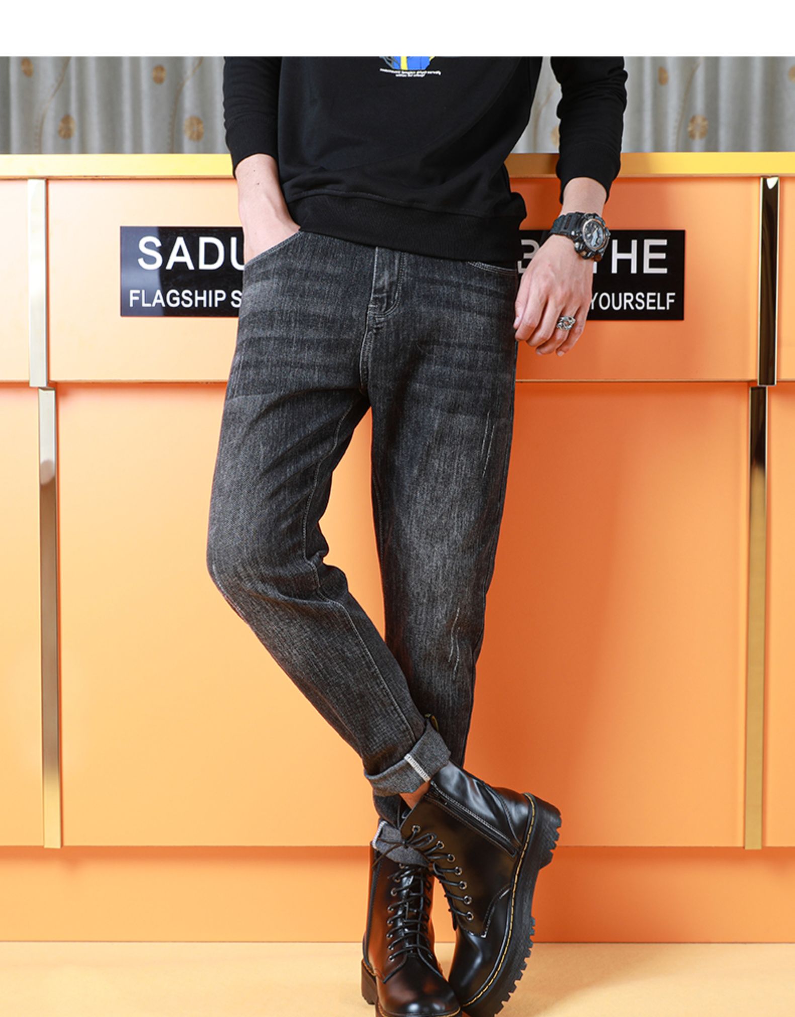 yuansu飒盾弹力牛仔裤男秋季新款韩版潮流哈伦裤潮牌直筒马丁靴裤子