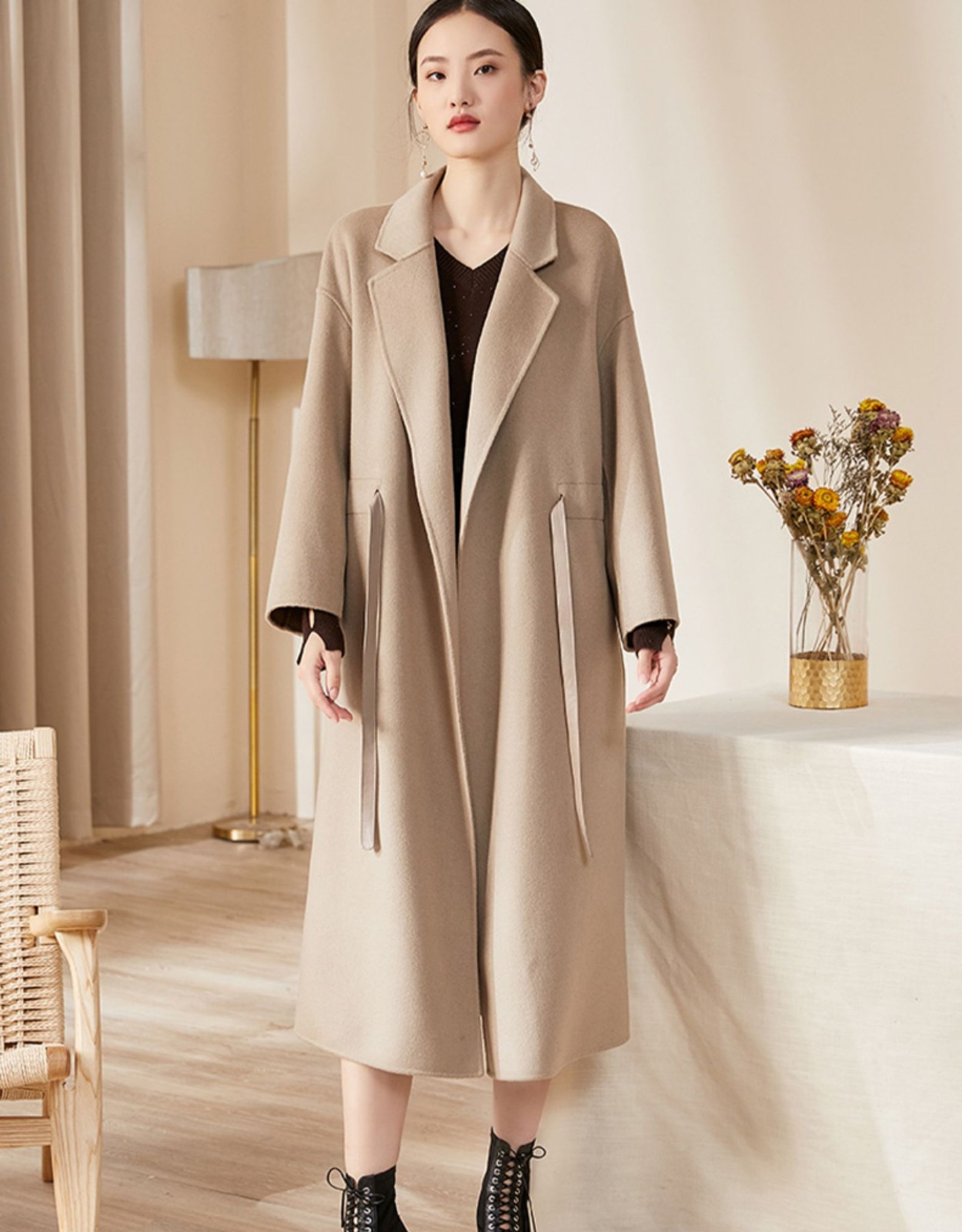 dafy女士大衣 dafy品牌羊毛呢大衣女2020冬装款气质系带收腰过膝长款