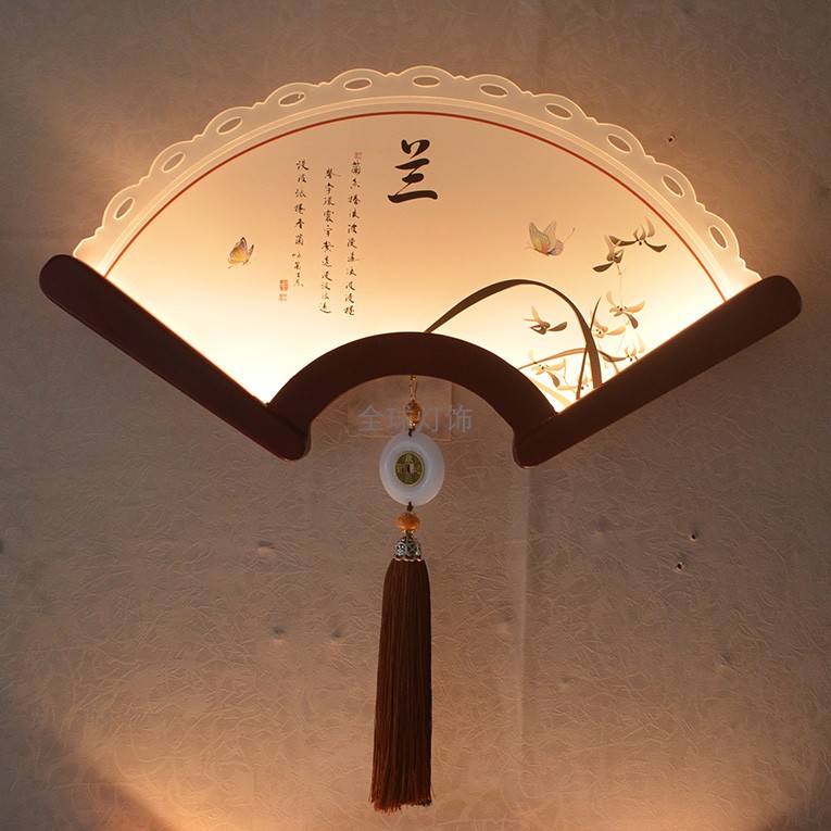 苏宁精品中式实木扇形壁灯led扇形壁灯仿古中式实木扇子画灯led客厅