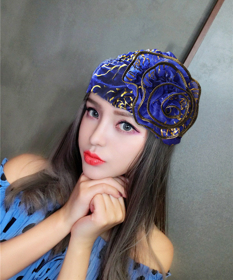 欧美薄款网纱头巾帽时尚蕾丝花朵跳舞包头帽遮白发套头帽子发套女烫金