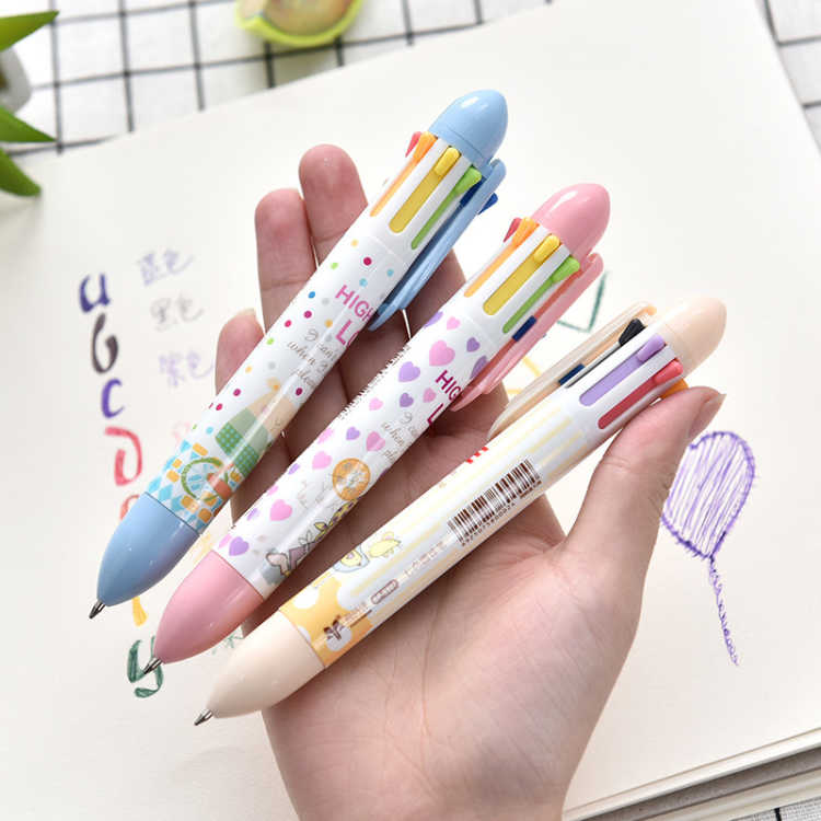 12支装7色按动卡通可爱笔杆七色彩虹多色笔芯圆珠笔文具7色圆珠笔随机