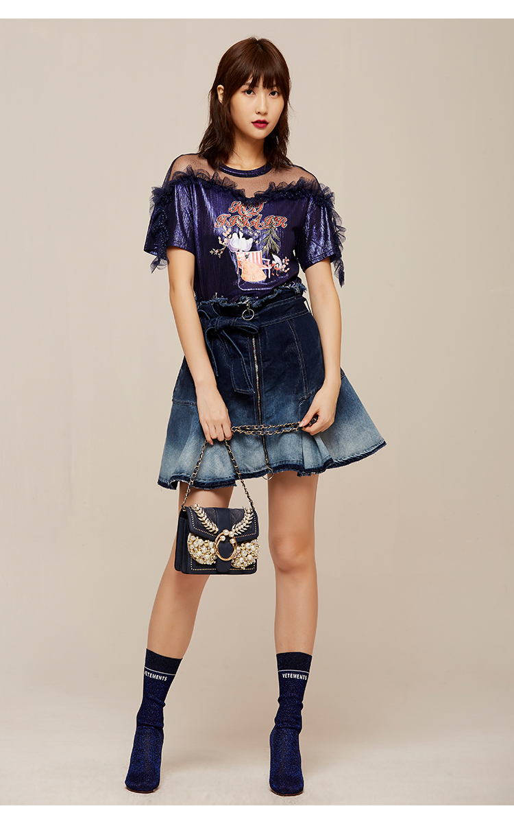 菲儿女装2020春牛仔短裙做旧渐变色短裙半身裙女