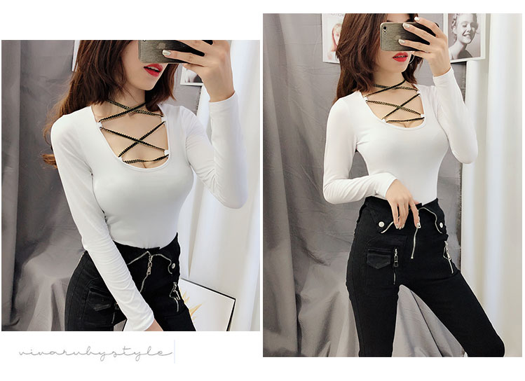 锐倪性感低胸绑带小心机露脐上衣女春新款纯色修身百搭打底衫长袖t恤