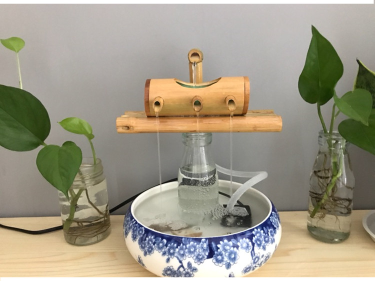 陶瓷鱼缸流水竹子循环水摆件竹筒流水器石过滤器办公室流水