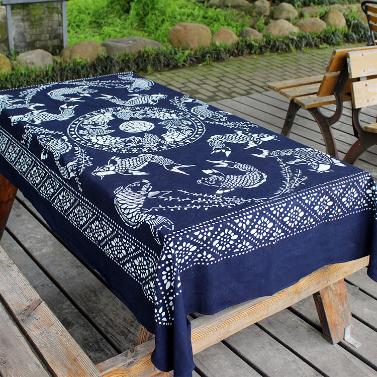蓝印花布桌布纯棉加厚双面印花餐桌巾古典风餐桌用品植染蓝染