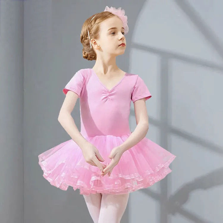 儿童舞蹈服夏季短袖女童练功服新款小女孩芭蕾舞裙装幼儿跳舞裙粉色