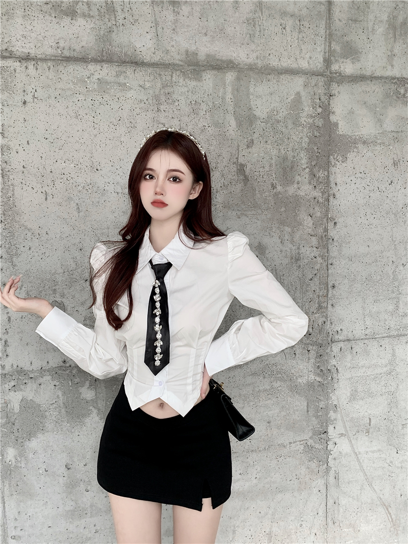 希杰狮王领带衬衫女设计感小众重工修身短款长袖衬衣2022春季新款白色