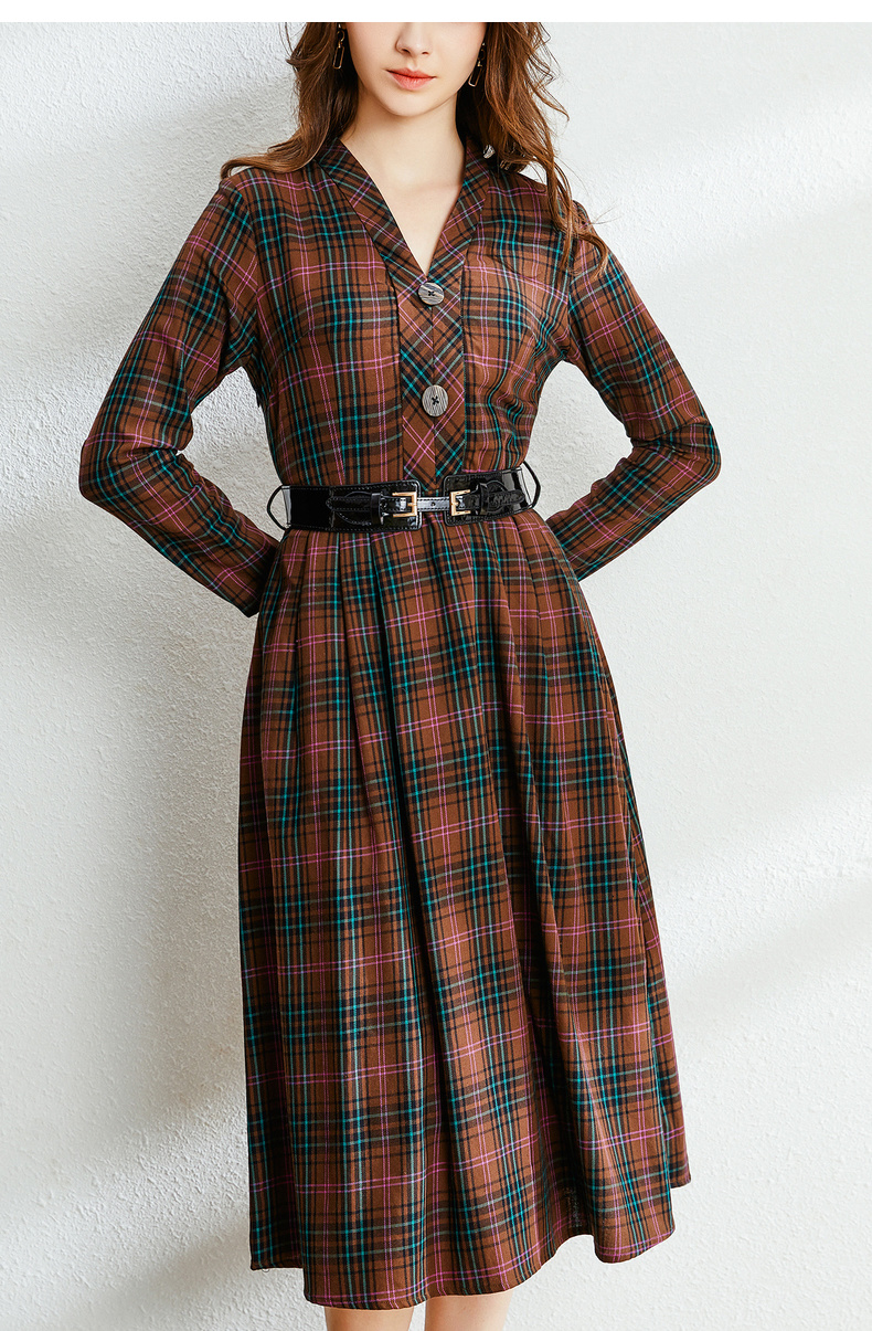 恒源祥春季新款连衣裙女复古英伦风格子裙收腰中长裙子送腰带