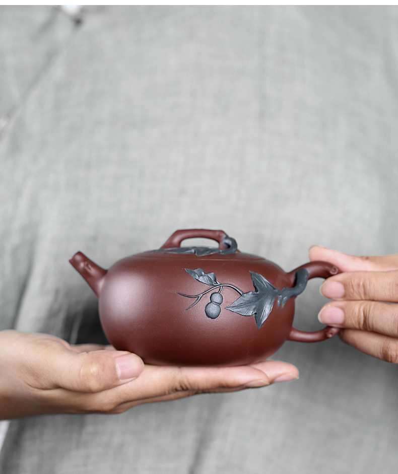 宜兴紫砂茶具原矿紫泥手工贴绘葫芦曹志刚紫砂茶壶秋实壶-jy01