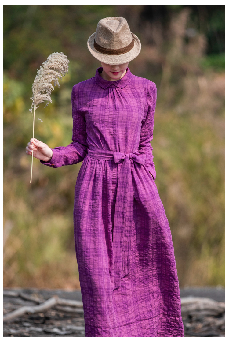 小样传奇2021原创设计春秋装新款文艺休闲格子棉麻风连衣裙紫红色长款