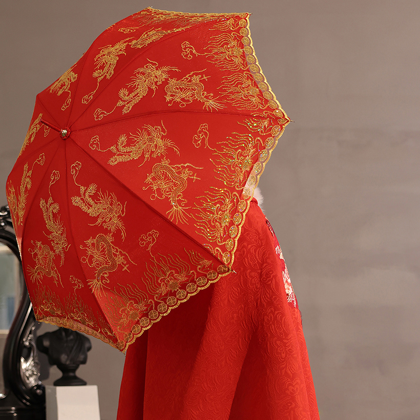 新娘结婚红伞婚庆伞蕾丝花边刺绣中式长柄雨伞复古婚庆伞全国 fenghou