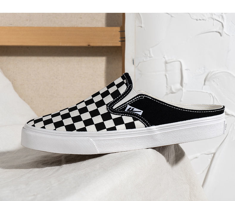 《回力女鞋黑白棋盘格帆布鞋2021新款情侣一脚蹬懒人鞋板鞋杨幂同款