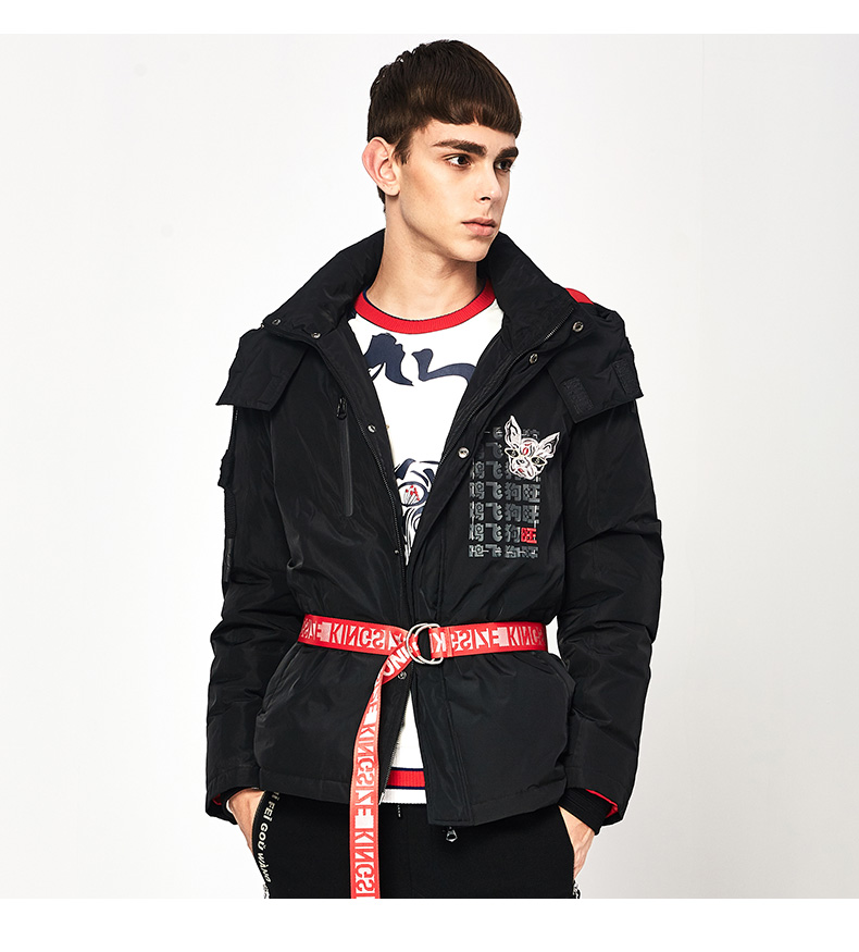 马克华菲冬新款可爱狗头印花撞色休闲短款男士羽绒服